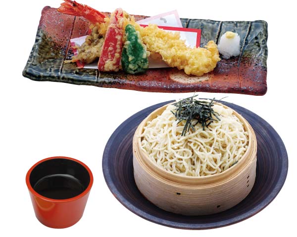 焼干し麺ざると超特大海老天婦羅のセット